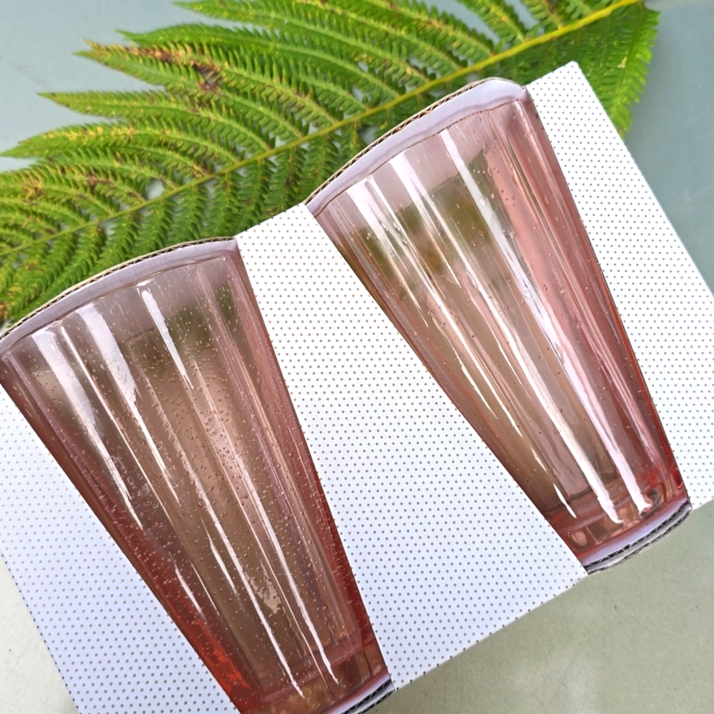Cupcakes & Cashmere Pink Art Glass Highball Tumbler Glasses Scalloped Set 15 Oz
